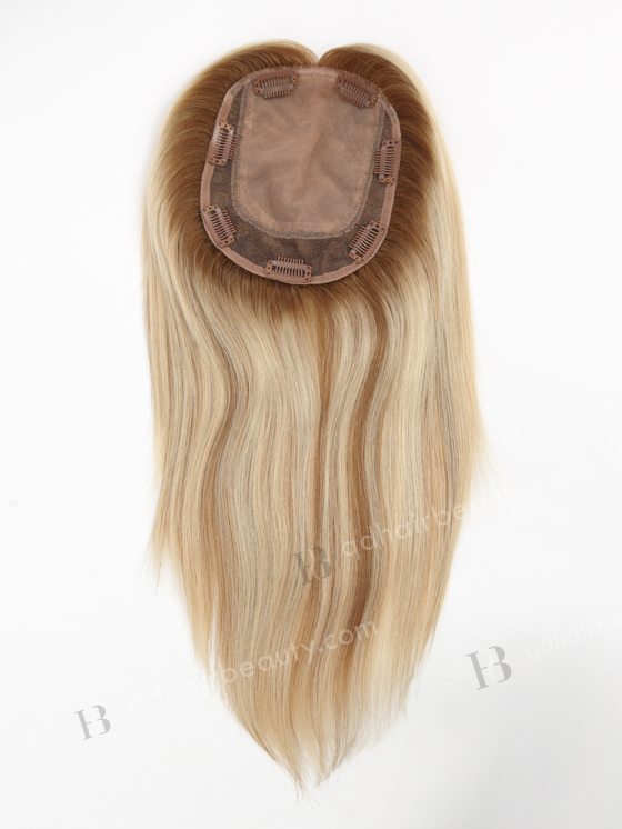 In Stock 5.5"*6.5" European Virgin Hair 12" All One Length Straight #60/8 highlights, roots #8 Color Silk Top Hair Topper-159